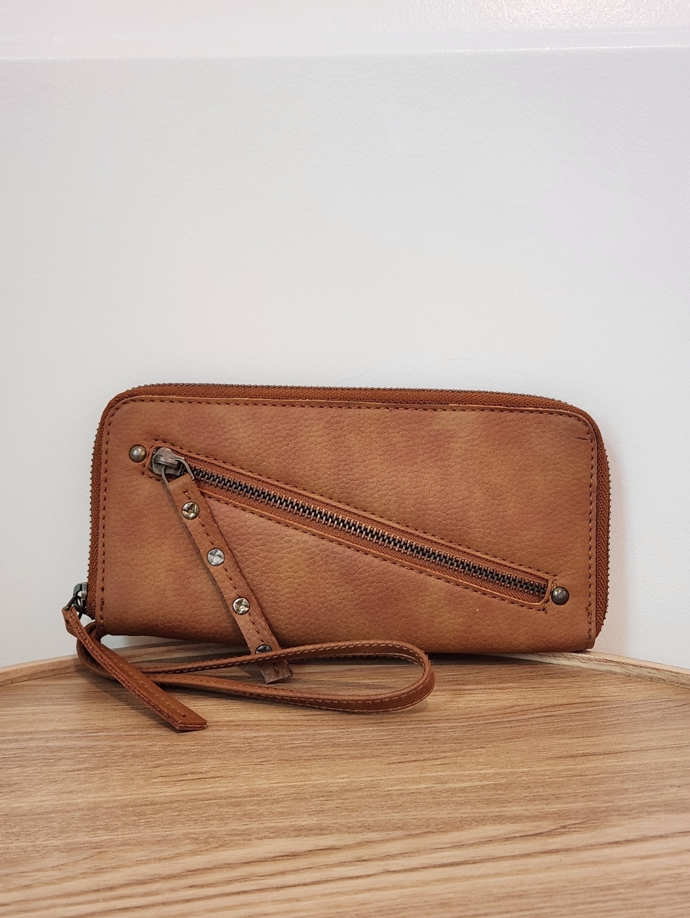 Free People Vegan Tan Leather Wristlet Wallet with Diagonal Zip